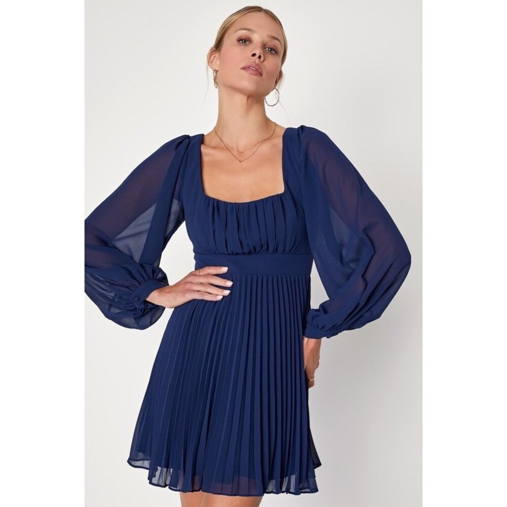 NWT Lulus Lovely Captivation Navy Blue Pleated Long Sleeve Mini Dress